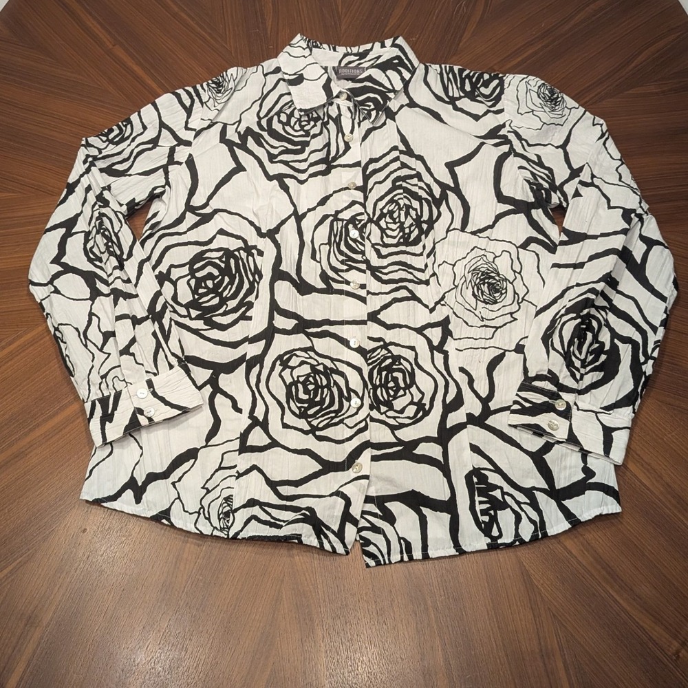 Additions by Chico's Button Down Women White Floral Crinkle Long Sleeve Shirt